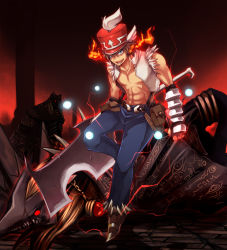 Rule 34 | 1boy, abs, anubis (mythology), anubis (ragnarok online), axe, bare pectorals, belt, black gloves, blonde hair, blue eyes, blue pants, brown belt, brown footwear, commentary request, crop top, emon-yu, fingerless gloves, flaming horns, full body, fur-trimmed pants, fur trim, gauntlets, gloves, hat, holding, holding axe, holding weapon, leg up, long hair, looking at viewer, male focus, open clothes, open mouth, open shirt, pants, pectorals, pouch, ragnarok online, red eyes, red headwear, shaded face, shako cap, shirt, shoes, short hair, suspenders, torn clothes, torn shirt, weapon, white shirt, whitesmith (ragnarok online)