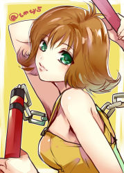 Rule 34 | 1girl, breasts, brown hair, commentary request, dress, final fantasy, final fantasy viii, flipped hair, green eyes, selphie tilmitt, short hair, sideboob, smile, solo, tama (tmfy5)