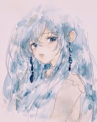 Rule 34 | 1girl, blue eyes, blue hair, earrings, hashtag-only commentary, highres, jewelry, long hair, looking at viewer, mokomilk 0914, original, painting (medium), parted lips, solo, traditional media, upper body, watercolor (medium)