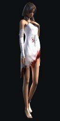 Rule 34 | 1girl, anklet, bandages, barefoot, blood, bracelet, brown hair, capcom, dress, female focus, full body, highres, jewelry, manuela hidalgo, official art, resident evil, resident evil: the darkside chronicles, simple background, solo, standing, torn clothes, twintails, white dress