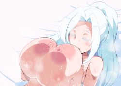 Rule 34 | 1girl, bed, blush, breast suppress, breasts, breasts squeezed together, closed eyes, colored eyelashes, female focus, from above, high ponytail, huge breasts, kiratto pri chan, large areolae, long hair, lying, nipples, nude, oda koziki, on bed, open mouth, ponytail, pretty series, puffy nipples, shiny skin, shiratori anju, solo, steaming body, sweat, upper body, white hair