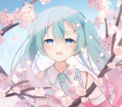 Rule 34 | 1girl, absurdres, blue eyes, blue hair, blush, branch, cherry blossoms, collared shirt, day, hatsune miku, highres, long hair, necktie, open mouth, outdoors, shirt, sky, sleeveless, sleeveless shirt, smile, solo, straight-on, twintails, upper body, vocaloid, yomiya yumeha