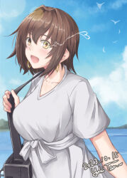 Rule 34 | 1girl, artist name, bag, blue sky, brown hair, cloud, commentary request, dated, day, dress, furutaka (kancolle), glowing, glowing eye, grey dress, heterochromia, kantai collection, official alternate costume, outdoors, short hair, sky, smile, solo, taira yuuki, yellow eyes