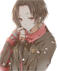 Rule 34 | 10s, 1boy, bad id, bad pixiv id, bloom, brown hair, earrings, hiro (hirohiro31), jewelry, kashuu kiyomitsu, long hair, male focus, mole, mole under mouth, nail polish, ponytail, red eyes, red nails, side ponytail, simple background, solo, touken ranbu, upper body, white background