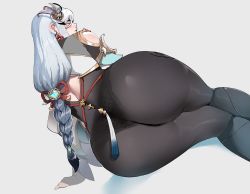 Rule 34 | 1girl, arm support, ass, back cutout, black bodysuit, blue eyes, blush, bodysuit, bridal gauntlets, clothing cutout, earrings, genshin impact, grey background, hair ornament, highres, huge ass, jewelry, long braid, long hair, looking back, lying, nyantcha, on side, panties, see-through, shenhe (genshin impact), silver hair, simple background, skin tight, solo, underwear, very long hair