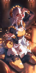 Rule 34 | 1girl, :o, absurdres, apron, black dress, braid, breasts, cleavage, cleavage cutout, clothing cutout, dress, eshineko, fireplace, food, food on body, food on breasts, food on clothes, grey hair, halloween bucket, highres, holding, holding food, indoors, juliet sleeves, long hair, long sleeves, maid, maid headdress, medium breasts, on floor, open mouth, orange pantyhose, original, pantyhose, puffy sleeves, red eyes, sitting, solo, torn apron, torn clothes, torn dress, torn pantyhose, waist apron, wariza, white apron