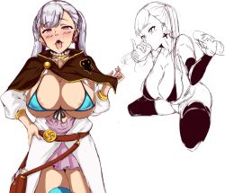 Rule 34 | 1girl, 2boys, bikini, black clover, breasts, cleavage, large breasts, long hair, multiple boys, noelle silva, open mouth, oral, purple eyes, silver hair, swimsuit, thighhighs, twintails, underwear, zerogura