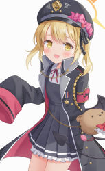 Rule 34 | 1girl, armband, blonde hair, bloomers, blue archive, blush, bow, commentary, demon tail, demon wings, halo, hat, hat bow, highres, ibuki (blue archive), jacket, low wings, military jacket, neck ribbon, oversized clothes, peaked cap, pointy ears, ribbon, sh1ren, side ponytail, simple background, sleeves past fingers, sleeves past wrists, smile, tail, underwear, wings, yellow eyes