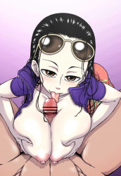 Rule 34 | 1boy, 1girl, bar censor, black hair, blush, breasts, breasts squeezed together, brown eyes, censored, collarbone, crop top, erection, eyewear on head, fellatio, forehead, glasses, gradient background, hair slicked back, hanya (hanya yashiki), hetero, highres, huge breasts, jacket, licking, long hair, looking at viewer, nico robin, nipples, no bra, one piece, open clothes, open shirt, oral, paizuri, pale skin, penis, pink skirt, pointless censoring, pov, puffy nipples, purple shirt, sarong, shirt, short sleeves, skirt, solo focus, sunglasses, tongue, tongue out, unzipped, zipper