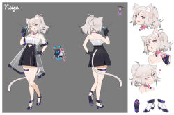 Rule 34 | 1girl, :d, animal ears, bare shoulders, black skirt, braid, breasts, cat ears, cat tail, character name, character sheet, choker, cleavage, closed mouth, color guide, commission, concept art, contrapposto, grey hair, hand on own hip, heart, high heels, highres, holding, large breasts, looking at viewer, medium hair, milim nova, miniskirt, mole, mole under eye, multiple views, open mouth, original, pink choker, pink eyes, ponytail, purple footwear, shoes, skirt, smile, spoken heart, syringe, tail, thigh strap