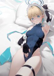 Rule 34 | 1girl, absurdres, arm up, armpits, bei liou, black gloves, blonde hair, blue archive, blue eyes, breasts, bun cover, covered navel, elbow gloves, fingerless gloves, gloves, hair bun, halo, highres, leotard, looking at viewer, lying, maid headdress, medium breasts, on back, parted lips, solo, thigh strap, thighs, toki (blue archive)
