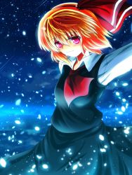 Rule 34 | 1girl, ascot, bad id, bad pixiv id, blonde hair, female focus, hair ribbon, highres, nekominase, night, outstretched arms, petals, red eyes, ribbon, rumia, short hair, sky, smile, solo, touhou