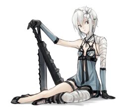 Rule 34 | 1girl, accelerator (toaru majutsu no index), albino, ambiguous gender, androgynous, ath1243, bandaged arm, bandaged leg, bandages, black footwear, black ribbon, blue dress, cosplay, dress, elbow gloves, flat chest, flower, gloves, hair flower, hair ornament, high heels, holding, holding weapon, kaine (nier), kaine (nier) (cosplay), lace trim, light frown, looking to the side, nier, nier (series), pale skin, red eyes, revealing clothes, ribbon, sanpaku, short hair, sidelocks, sitting, solo, suzushina yuriko, toaru majutsu no index, toaru majutsu no index: imaginary fest, torn clothes, two-tone gloves, weapon, white hair