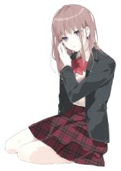 Rule 34 | 1girl, blazer, blush, brown hair, closed mouth, highres, jacket, long hair, looking at viewer, open clothes, open jacket, original, plaid, plaid skirt, prin dog, purple eyes, purple skirt, school uniform, shirt, sidelocks, simple background, sitting, skirt, solo, tsurime, unmoving pattern, wet, wet clothes, wet hair, wet shirt, white background, white shirt, yokozuwari