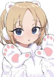 Rule 34 | 1girl, animal ears, blue eyes, bouen, brown hair, commentary request, fake animal ears, forehead, highres, jacket, light blush, long sleeves, medium hair, mittens, open mouth, original, rabbit earmuffs, simple background, solo, white background