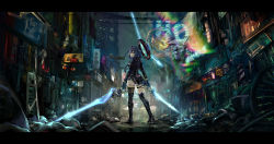 Rule 34 | 1girl, absurdres, alternate costume, blue hair, chain, cyberpunk, dual wielding, energy sword, hair intakes, halo, headband, highres, holding, hololive, hololive english, letterboxed, mechanical halo, ouro kronii, see-through, see-through skirt, short hair, skirt, solo, sword, virtual youtuber, vyragami, weapon