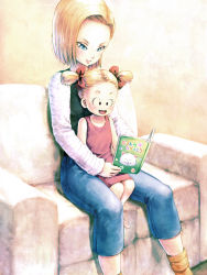Rule 34 | 2girls, android 18, armchair, black eyes, blonde hair, blue eyes, bow, cameo, chair, child, denim, dragon ball, dragonball z, dress, eply, hair bow, jeans, marron (dragon ball), mother and daughter, multiple girls, pants, red ribbon, ribbon, short hair, smile, twintails