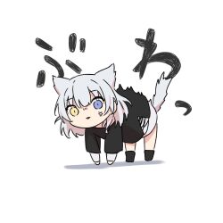 Rule 34 | 1girl, all fours, anger vein, animal ears, bang dream!, bang dream! it&#039;s mygo!!!!!, black shirt, blue eyes, cat ears, cat girl, cat tail, heterochromia, highres, kaname raana, looking at viewer, parted lips, shirt, short hair, simple background, solo, sou (kanade 3344), tail, white background, white hair, white shirt, yellow eyes