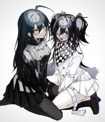 Rule 34 | 2girls, ahoge, black footwear, black hair, black jacket, black pantyhose, black skirt, bow, buttons, checkered bow, checkered clothes, checkered scarf, closed mouth, danganronpa (series), danganronpa v3: killing harmony, double-breasted, genderswap, genderswap (mtf), grey background, hair between eyes, hair bow, hanada isuzu, highres, jacket, long hair, long sleeves, looking at viewer, multiple girls, oma kokichi, open mouth, pantyhose, pleated skirt, purple eyes, saihara shuichi, scarf, shoes, simple background, sitting, skirt, sweat, thigh strap, two side up, yellow eyes