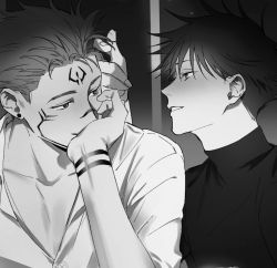 Rule 34 | 2boys, arm tattoo, black hair, collarbone, ear piercing, facial tattoo, fushiguro megumi, greyscale, hair between eyes, twirling hair, hand in another&#039;s hair, hand on own cheek, hand on own face, jujutsu kaisen, kamome (penguin n), looking at another, male focus, monochrome, multiple boys, parted lips, piercing, ryoumen sukuna (jujutsu kaisen), shirt, short hair, sideburns, spiked hair, sweater, tattoo, turtleneck, turtleneck sweater, undercut, yaoi
