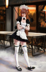 Rule 34 | 1girl, absurdres, alternate costume, apron, artist name, blue eyes, blurry, blurry background, cinndvl, crossed arms, enmaided, frills, full body, hair ornament, hat, highres, long hair, maid, maid apron, mary janes, mob cap, neon genesis evangelion, orange hair, puffy short sleeves, puffy sleeves, shoes, short sleeves, skirt, solo, souryuu asuka langley, table, thighhighs, waitress
