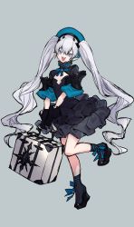 Rule 34 | 1girl, black dress, black gloves, blue bow, blue hat, blue neckwear, bow, dress, earrings, fangs, frilled dress, frills, gloves, grey background, grey hair, hat, highres, holding, holding suitcase, jewelry, konbumeshi, long hair, open mouth, original, pointy ears, purple eyes, simple background, slit pupils, smile, solo, suitcase, teeth, twintails, upper teeth only, very long hair