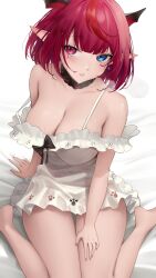 Rule 34 | 1girl, absurdres, bare legs, bare shoulders, black panties, breasts, choker, cleavage, commentary, covered navel, dress, english commentary, highres, hololive, hololive english, irys (casualrys) (hololive), irys (hololive), lace-trimmed choker, lace trim, large breasts, legs, official alternate costume, panties, red hair, see-through, see-through dress, short hair, simple background, solo, somebody (leiking00), strap slip, sweat, underwear, virtual youtuber, white background, white dress