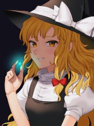 Rule 34 | 1girl, black hat, black vest, blonde hair, bow, breasts, c i an, commentary request, frilled hat, frills, grin, hat, hat bow, highres, holding, holding star, kirisame marisa, long hair, puffy short sleeves, puffy sleeves, shirt, short sleeves, small breasts, smile, solo, star (symbol), touhou, turtleneck, upper body, very long hair, vest, wavy hair, white bow, white shirt, witch, witch hat, yellow eyes