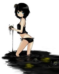 Rule 34 | 1girl, :&lt;, ass, bikini, black bikini, black hair, blue eyes, blush, camisole, creature, cupping hands, darkness, highres, looking at viewer, morina nao, original, own hands together, short hair, side-tie bikini bottom, simple background, solo, standing, swimsuit, wading, yami shoujo
