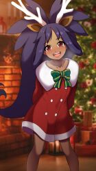 Rule 34 | 1girl, :d, alternate costume, arms behind back, blurry, blurry background, blush, bow, breath, buttons, christmas, christmas tree, coat, collarbone, commentary request, creatures (company), dark-skinned female, dark skin, game freak, green bow, hair rings, highres, horns, indoors, iris (pokemon), kohatsuka, leaning, long hair, looking at viewer, nintendo, open mouth, pokemon, pokemon bw, purple hair, red coat, red eyes, smile, solo, standing, teeth, tongue, upper teeth only
