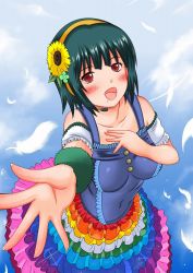 Rule 34 | 1girl, :d, dress, feathers, flower, flower on head, green hair, hair flower, hair ornament, hairband, headset, idolmaster, idolmaster (classic), mole, mole under mouth, open mouth, otonashi kotori, outstretched hand, red eyes, shiina you (tomoshibi), smile, solo, sunflower