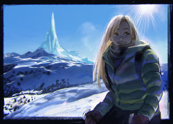 Rule 34 | 1girl, :d, bayashiko, blonde hair, blue sky, breath, coat, gloves, light rays, looking at viewer, mountain, open mouth, original, outdoors, pants, scarf, scenery, sky, smile, snow, solo, sun, winter clothes, winter coat