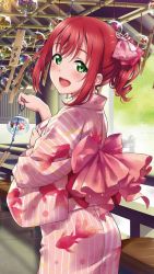 Rule 34 | 1girl, animal print, aqua eyes, artist name, artist request, back bow, blush, bow, female focus, fish print, from behind, green eyes, hair between eyes, hair bow, highres, holding, inou shin, japanese clothes, kimono, kurosawa ruby, looking at viewer, looking back, love live!, love live! school idol festival, love live! sunshine!!, parted lips, pink bow, pink kimono, red bow, red hair, short hair, smile, solo, striped clothes, striped kimono, vertical-striped clothes, vertical-striped kimono