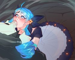 Rule 34 | 1boy, 1girl, ahegao, blue choker, blue eyes, blue hair, blush, bow, choker, collarbone, commentary, dress, drill hair, english commentary, eyelashes, fellatio, from above, grabbing another&#039;s hair, gwen (league of legends), hair bow, hair ornament, hetero, highres, ilwha, irrumatio, league of legends, long hair, long sleeves, mismatched pupils, oral, pale skin, penis, pink pupils, puffy short sleeves, puffy sleeves, ribbon, short sleeves, swept bangs, twin drills, uncensored, veins, veiny penis, viego (league of legends), white dress