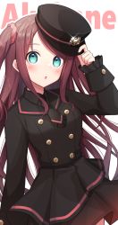 Rule 34 | 1girl, akabane youko, black hat, black jacket, black necktie, black skirt, blush, brown hair, buttons, character name, cowboy shot, double-breasted, green eyes, hat, hat tip, highres, holding, holding clothes, holding hat, jacket, konogi nogi, long hair, long sleeves, looking at viewer, miniskirt, necktie, nijisanji, parted lips, peaked cap, skirt, solo, standing, two side up, virtual youtuber