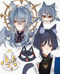 2boys animal_ear_fluff animal_ears asaba_harumasa_(cat) black_bodysuit black_cat black_hair blue_cape blunt_ends bodysuit cape cat cat_ears cat_tail closed_mouth disembodied_head dragonagia643 eyeliner eyeshadow feathered_wings genshin_impact grey_hair grey_wings hair_between_eyes halo halo_behind_head head_wings highres honkai:_star_rail honkai_(series) japanese_clothes kimono long_hair looking_at_viewer looking_to_the_side makeup mandarin_collar mechanical_halo multiple_boys notice_lines open_clothes open_kimono purple_eyes red_eyeliner red_eyeshadow scaramouche_(cat)_(genshin_impact) scaramouche_(genshin_impact) scarf shoulder_peek sunday_(honkai:_star_rail) tail tsurime wanderer_(genshin_impact) white_background white_cat white_kimono white_scarf wings yellow_eyes yellow_halo zenless_zone_zero