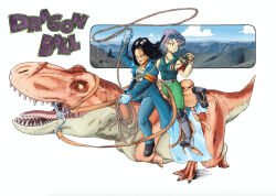 1boy 1girl android_17 armband binoculars black_hair blue_coat coat commentary copyright_name couple dinosaur dragon_ball dragon_ball_(classic) dragonball_z earrings english_commentary fingerless_gloves gloves goggles goggles_on_head hetero highres holding holding_binoculars jewelry lasso looking_at_another medium_hair open_mouth orange_armband photoshop_(medium) pixie_cut purple_hair red_ribbon_army riding riding_animal saddle scar shirt short_hair silverwoodwork single_earring sleeveless sleeveless_shirt tyrannosaurus_rex very_short_hair violet_(dragon_ball) white_gloves