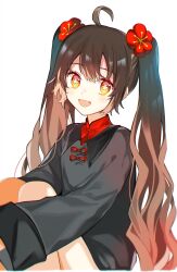 Rule 34 | 1girl, :d, aged down, ahoge, black coat, bright pupils, brown hair, coat, fang, flower, flower-shaped pupils, genshin impact, hair flower, hair ornament, highres, hu tao (genshin impact), light blush, long hair, long sleeves, looking at viewer, mandarin collar, open mouth, orange eyes, red flower, simple background, smile, solo, symbol-shaped pupils, twintails, white background, white pupils, yubacha
