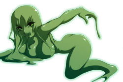 Rule 34 | 1girl, ass, breasts, female focus, gradient background, green eyes, green hair, green theme, matching hair/eyes, monster girl, no nipples, noise (lesion949), nude, open mouth, slime girl, solo, white background