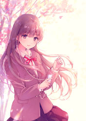 Rule 34 | 1girl, black skirt, blazer, brown eyes, brown hair, brown jacket, buttons, closed mouth, collared shirt, commentary request, earphones, floating hair, glint, hand up, jacket, long hair, long sleeves, looking at viewer, miniskirt, nagidango, neck ribbon, original, red ribbon, ribbon, school uniform, shirt, sidelocks, single earphone removed, skirt, smile, solo, standing, tree, undershirt, upper body, white shirt, wing collar
