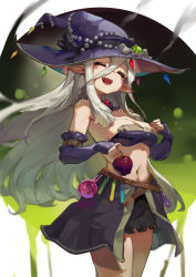 Rule 34 | 1girl, absurdres, alice in cradle, apple, ass (zhengzhen), beads, belt, bikini, bikini top only, black gloves, black hat, black skirt, breasts, character request, cleavage, closed eyes, elbow gloves, fang, food, fruit, gem, gloves, grey hair, hat, highres, long hair, open mouth, pointy ears, showgirl skirt, skirt, skirt under skirt, smile, solo, swimsuit, test tube, witch hat