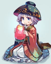 Rule 34 | 1girl, blue background, blue eyes, bowl, bowl hat, eating, food, food on face, frills, fruit, hat, japanese clothes, kimono, long sleeves, looking at viewer, mini person, minigirl, obi, purple hair, ribbon, sash, short hair, simple background, sitting, smile, solo, strawberry, sukuna shinmyoumaru, touhou, wide sleeves, zounose