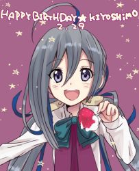 Rule 34 | 1girl, ahoge, food, fruit, grey eyes, grey hair, hair between eyes, hair bun, halterneck, happy birthday, kantai collection, kiyoshimo (kancolle), kujira naoto, long hair, looking at viewer, low twintails, open mouth, purple background, school uniform, shirt, single hair bun, solo, star (symbol), starry background, strawberry, twintails, upper body, very long hair, white shirt