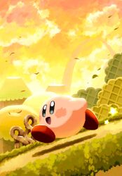 Rule 34 | 1other, arch, aruco co, blue eyes, blush stickers, cloud, cloudy sky, colored skin, gradient sky, grass, highres, hill, kirby, kirby (series), leaf, looking ahead, nintendo, open mouth, orange sky, outdoors, pink skin, red footwear, roots, running, shadow, shoes, sky, smile, star (symbol), sunset, wind, yellow sky