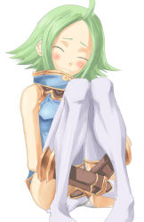 Rule 34 | .hack//, .hack//g.u., .hack//games, 00s, 1girl, ahoge, bandai, blush, boots, closed eyes, covering privates, cyber connect 2, female focus, gloves, green hair, natsume (.hack//), panties, pantyshot, short hair, simple background, sitting, solo, thigh boots, thighhighs, underwear, white panties, white thighhighs