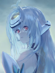 Rule 34 | 1girl, absurdres, android, armor, bare shoulders, blue hair, breasts, elbow gloves, forehead protector, gloves, highres, kos-mos, long hair, looking at viewer, negresco, red eyes, simple background, solo, very long hair, xenosaga