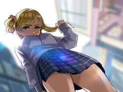 Rule 34 | 1girl, arm at side, backlighting, blonde hair, blurry, blurry background, day, earrings, from below, grey skirt, gyaru, highres, jewelry, kogal, long hair, long sleeves, looking at viewer, original, outdoors, plaid, plaid skirt, shirt, short ponytail, side ponytail, sinohira rin, skirt, sky, solo, standing, stud earrings, sunlight, white shirt, white sky