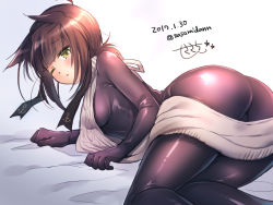 Rule 34 | 10s, 1girl, ahoge, aran sweater, backless outfit, blush, bodysuit, breasts, brown hair, cable knit, dated, dress, full body, hair flaps, hairband, halterneck, hatsuzuki (kancolle), headband, impossible clothes, kantai collection, looking at viewer, medium breasts, meme attire, one eye closed, parted lips, ribbed sweater, sasachin (k+w), school uniform, serafuku, shiny clothes, shiny skin, short hair, sideboob, signature, solo, sweater, sweater dress, turtleneck, turtleneck sweater, twitter username, virgin killer sweater, yellow eyes