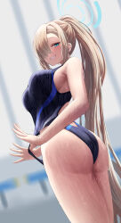 Rule 34 | 1girl, ass, asuna (blue archive), asymmetrical bangs, bare shoulders, blue archive, blue eyes, breasts, competition swimsuit, frontal wedgie, grin, hair over one eye, halo, highleg, highleg swimsuit, highres, large breasts, light brown hair, long bangs, long hair, looking at viewer, one-piece swimsuit, ponytail, silver bullet (ecc12 8), smile, solo, swimsuit, thighs, wedgie, wet
