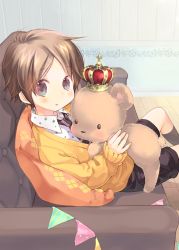 Rule 34 | 1boy, armchair, black necktie, black shorts, blue eyes, blush, brown hair, cardigan, chair, collared shirt, commentary request, crown, from side, kuga tsukasa, long sleeves, male focus, necktie, original, parted lips, shirt, shorts, sitting, solo, string of flags, stuffed animal, stuffed toy, teddy bear, white shirt, wing collar